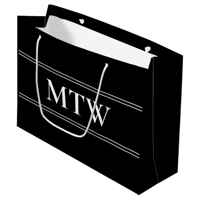 Simple Black with White Monogram Large Gift Bag (Front Angled)
