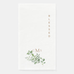 Simple Blessed Gold Monogram Foliage Napkin