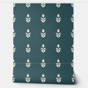 Simple Block Print Floral Heritage Dark Teal Blue Wallpaper