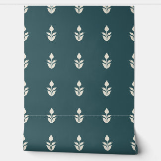 Simple Block Print Floral Heritage Dark Teal Blue Wallpaper