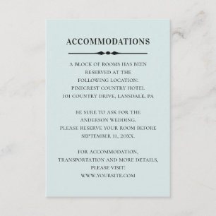 Simple blue accommodations. Formal wedding details Enclosure Card