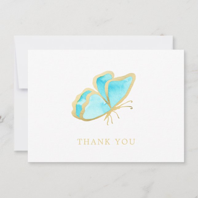 Simple Blue and Gold Butterfly Elegant Thank You Card (Front)
