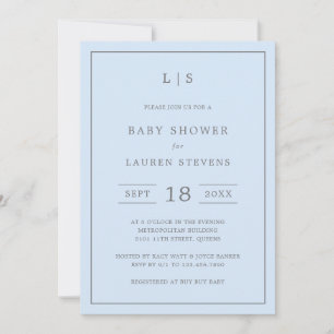 Simple Blue and Grey Monogram Boy Baby Shower Invitation
