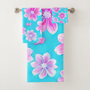 Simple Blue and Pink Flower Pattern  Bath Towel Set