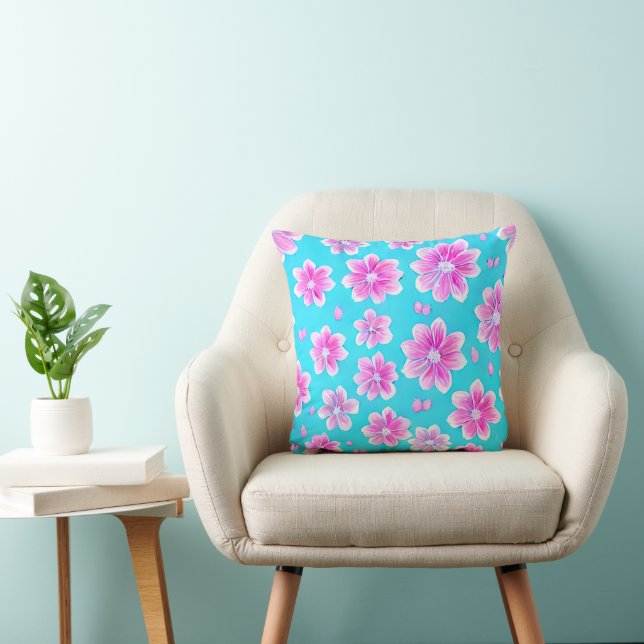 Simple Blue and Pink Flower Pattern Cushion (Chair)