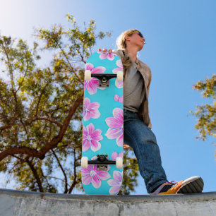 Simple Blue and Pink Flower Pattern  Skateboard