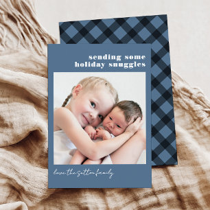 Simple Blue and Plaid Sending Some Snuggles Holiday Card
