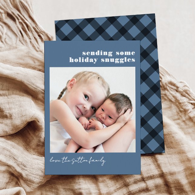 Simple Blue and Plaid Sending Some Snuggles Holiday Card (Creator Uploaded)