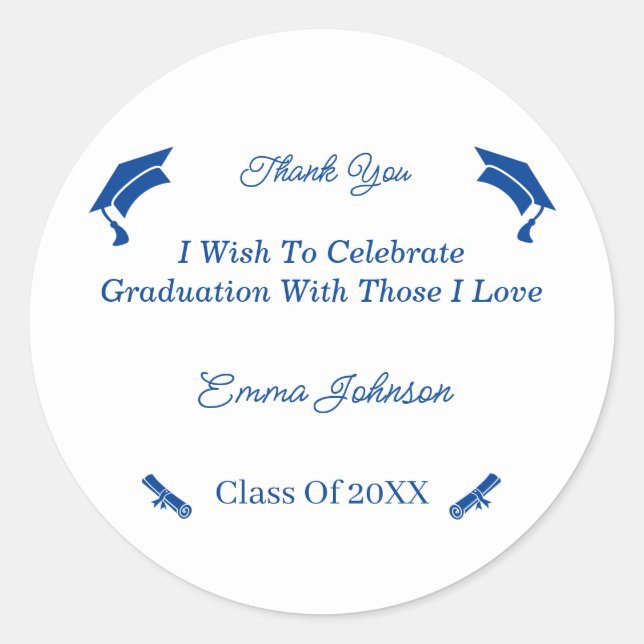 Simple Blue And White Customised Graduation Classic Round Sticker (Front)