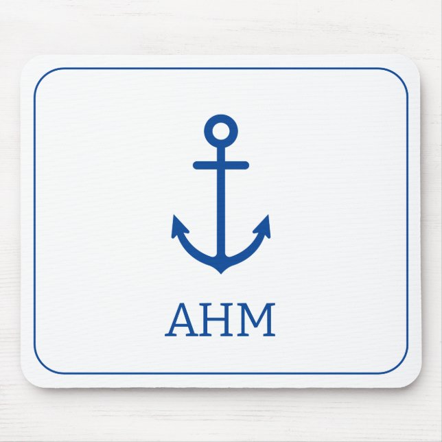 Simple Blue and White Nautical Anchor Monogram Mouse Pad (Front)