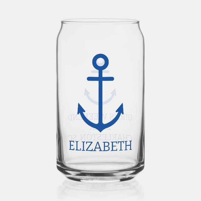 Simple Blue and White Nautical Anchor Personalised Can Glass (Front)