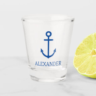Simple Blue and White Nautical Anchor Personalised Shot Glass