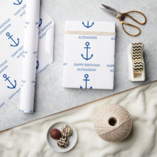 Simple Blue and White Nautical Anchor Personalized Wrapping Paper