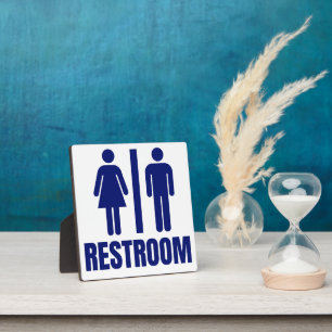 Simple Blue and White Restroom Bathroom Toilet Plaque