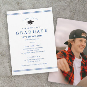 Simple Blue and White Sporty Photo Graduation Announcement