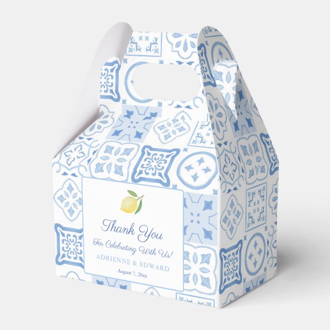 Simple Blue And White Tile Lemon Wedding Shower Favour Box (Front Side)