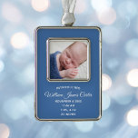 Simple Blue Baby Boy Newborn Photo Keepsake Gift Silver Plated Framed Ornament<br><div class="desc">Add your beautiful baby photograph on this cute blue baby boy photo birth announcement Christmas ornament keepsake gift with white typography. Customise with birth details of your newborn under the picture.</div>