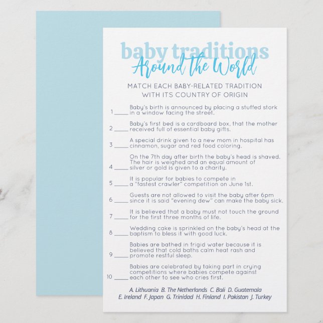Simple Blue Baby Traditions Baby Shower party game (Front/Back)