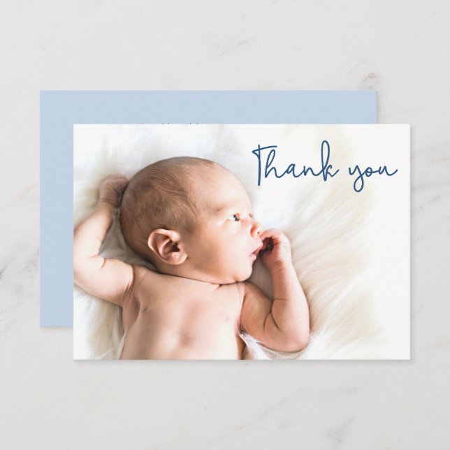 Simple Blue Baptism Baby boy photo thank you card (Front/Back)