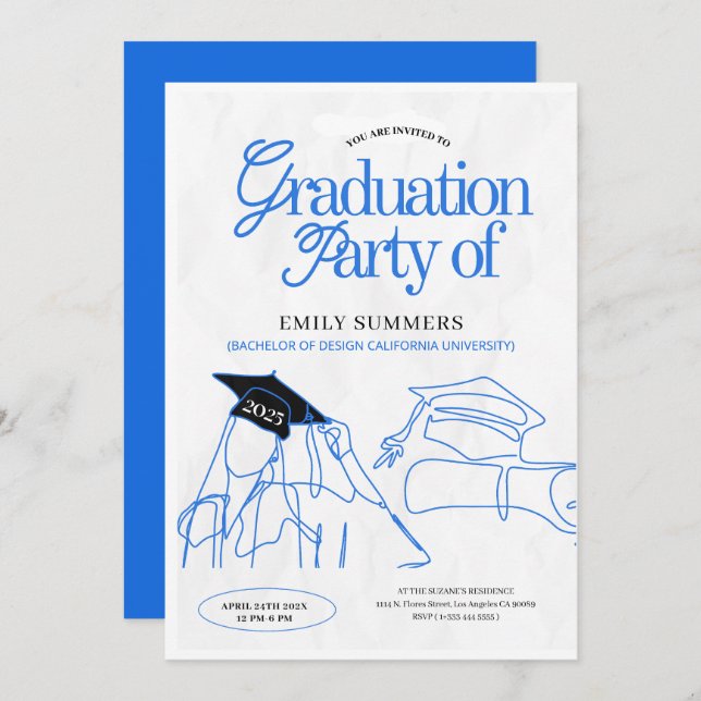 Simple Blue Black Graduation Hand Illustration Invitation (Front/Back)