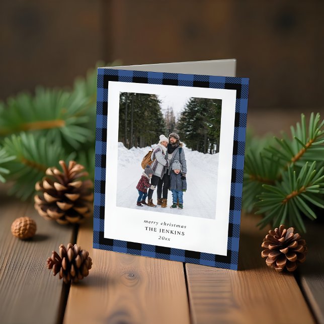 Simple Blue Black Plaid Border 3 Photo Christmas Holiday Card (Creator Uploaded)