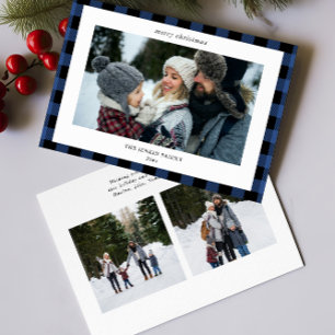 Simple Blue Black Plaid Border 3 Photo Christmas Holiday Card
