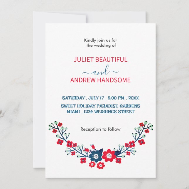 Simple Blue Botanical Floral Wedding Invitation (Front)
