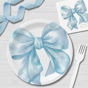 Simple Blue Bow Baby Shower Paper Plate