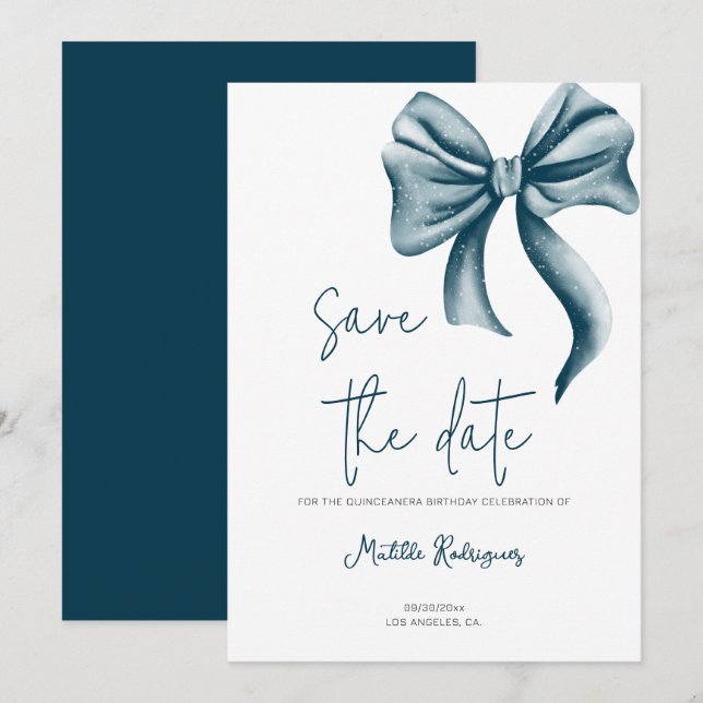 Simple Blue Bow Birthday Quinceañera Save The Date (Front/Back)
