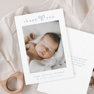 Simple Blue Bow Boy Baby Photo Thank You Card