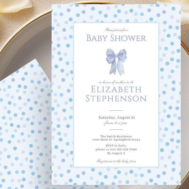 Simple Blue Bow Polka Dots Baby Shower Invitation (Creator Uploaded)