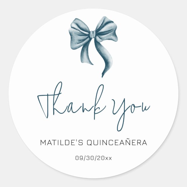 Simple Blue Bow Script Quinceanera Thank You Classic Round Sticker (Front)