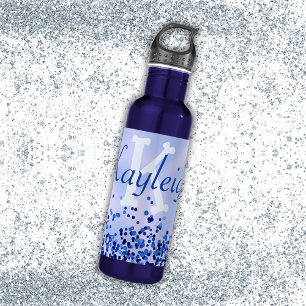 Simple Blue Brushed Metal and Glitter Monogram   710 Ml Water Bottle