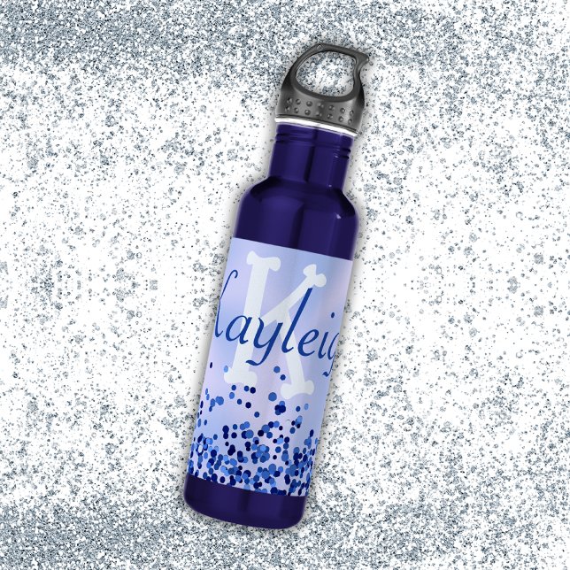 Simple Blue Brushed Metal and Glitter Monogram | 710 Ml Water Bottle (Creator Uploaded)