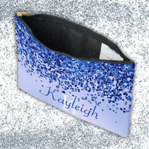 Simple Blue Brushed Metal and Glitter Monogram   Accessory Pouch