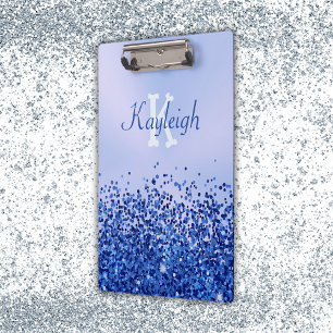 Simple Blue Brushed Metal and Glitter Monogram Clipboard
