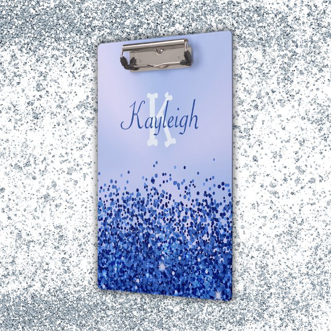 Simple Blue Brushed Metal and Glitter Monogram | Clipboard (Creator Uploaded)