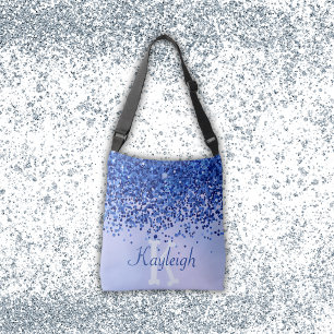 Simple Blue Brushed Metal and Glitter Monogram Crossbody Bag