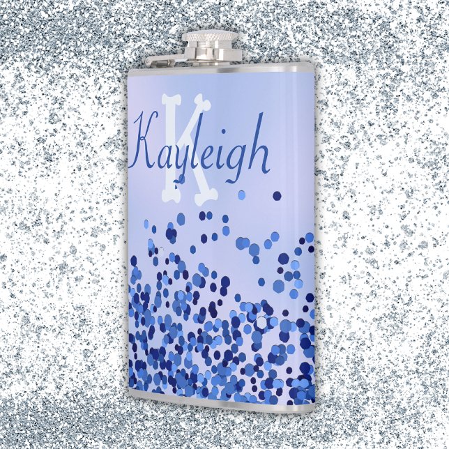 Simple Blue Brushed Metal and Glitter Monogram | Hip Flask (Creator Uploaded)