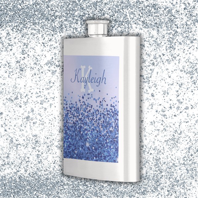Simple Blue Brushed Metal and Glitter Monogram | Hip Flask (Creator Uploaded)