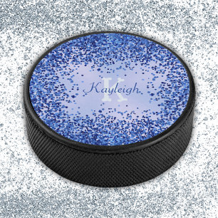 Simple Blue Brushed Metal and Glitter Monogram Hockey Puck