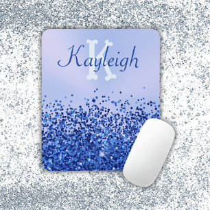 Simple Blue Brushed Metal and Glitter Monogram   Mouse Pad