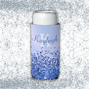 Simple Blue Brushed Metal and Glitter Monogram Seltzer Can Cooler