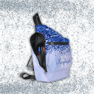 Simple Blue Brushed Metal and Glitter Monogram Sling Bag