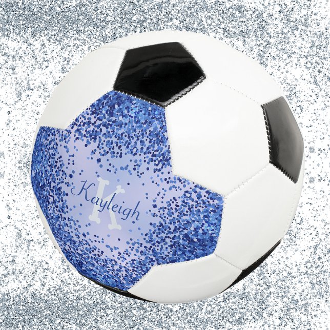 Simple Blue Brushed Metal and Glitter Monogram | Soccer Ball (Creator Uploaded)
