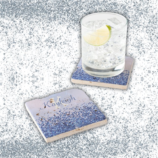 Simple Blue Brushed Metal and Glitter Monogram | Stone Coaster (Creator Uploaded)