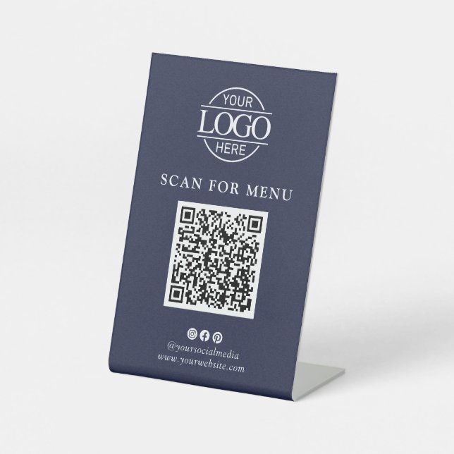 Simple Blue Business Logo Contactles QR Code Menu Pedestal Sign (Front)