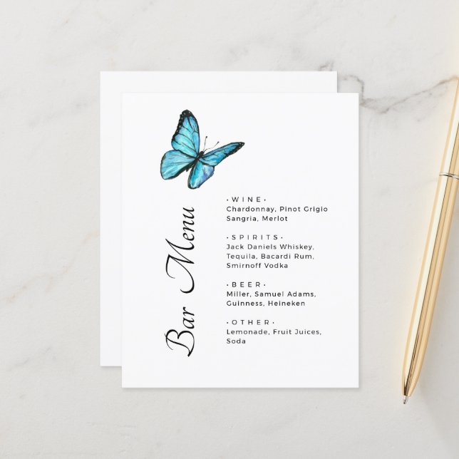 Simple Blue butterflies chic wedding Bar menu (Front/Back In Situ)