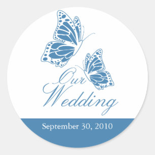 Simple Blue Butterfly Wedding Announcement Classic Round Sticker