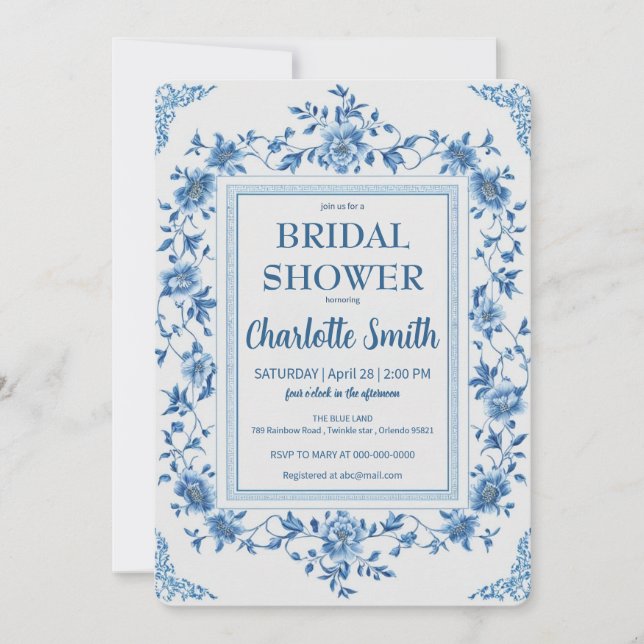 Simple Blue Chinoiserie Floral bridal shower Invitation (Front)